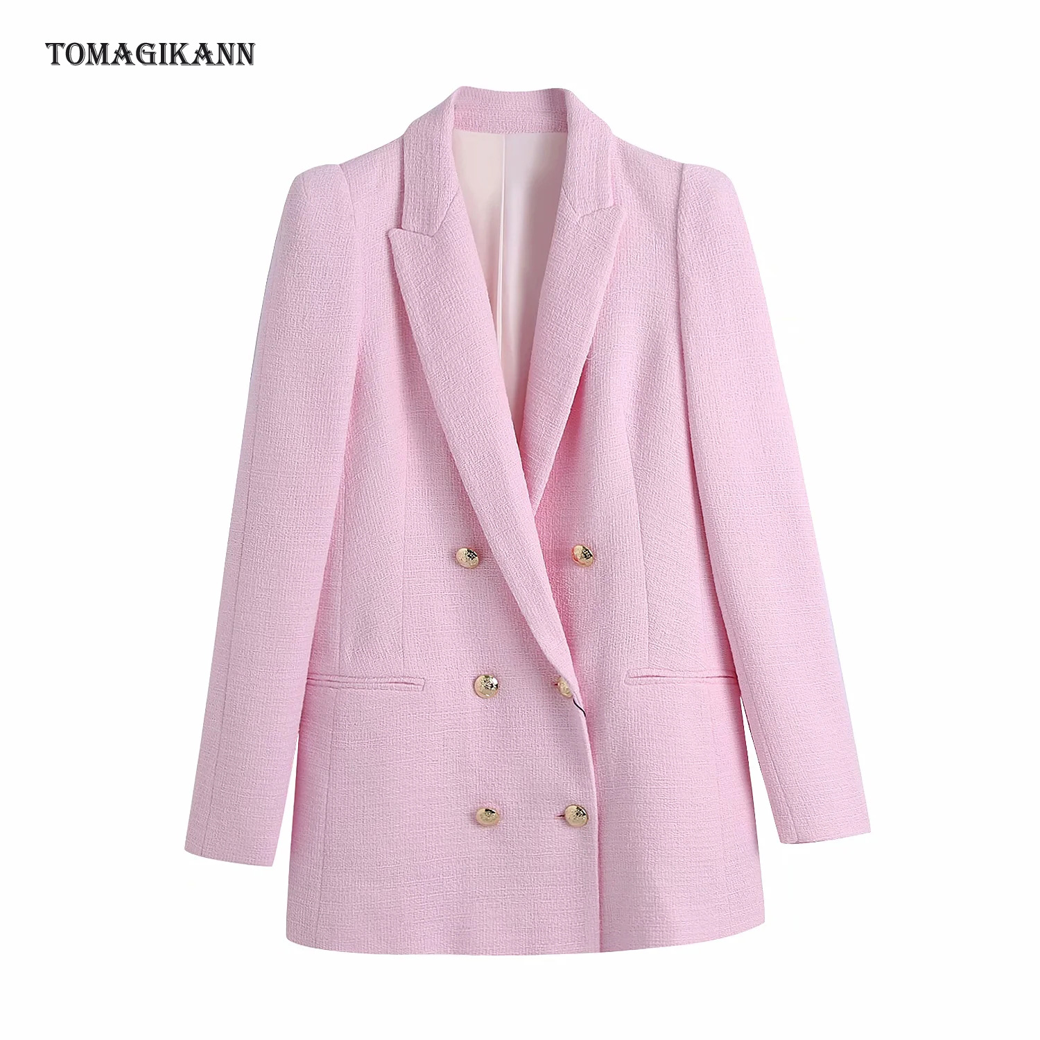 핑크 블레이저 여성 텍스처 맞춤형 칼라 더블 브레스트 OL 숙녀 비즈니스 블레이져 2021 패션 풀 슬리브 자켓 코트